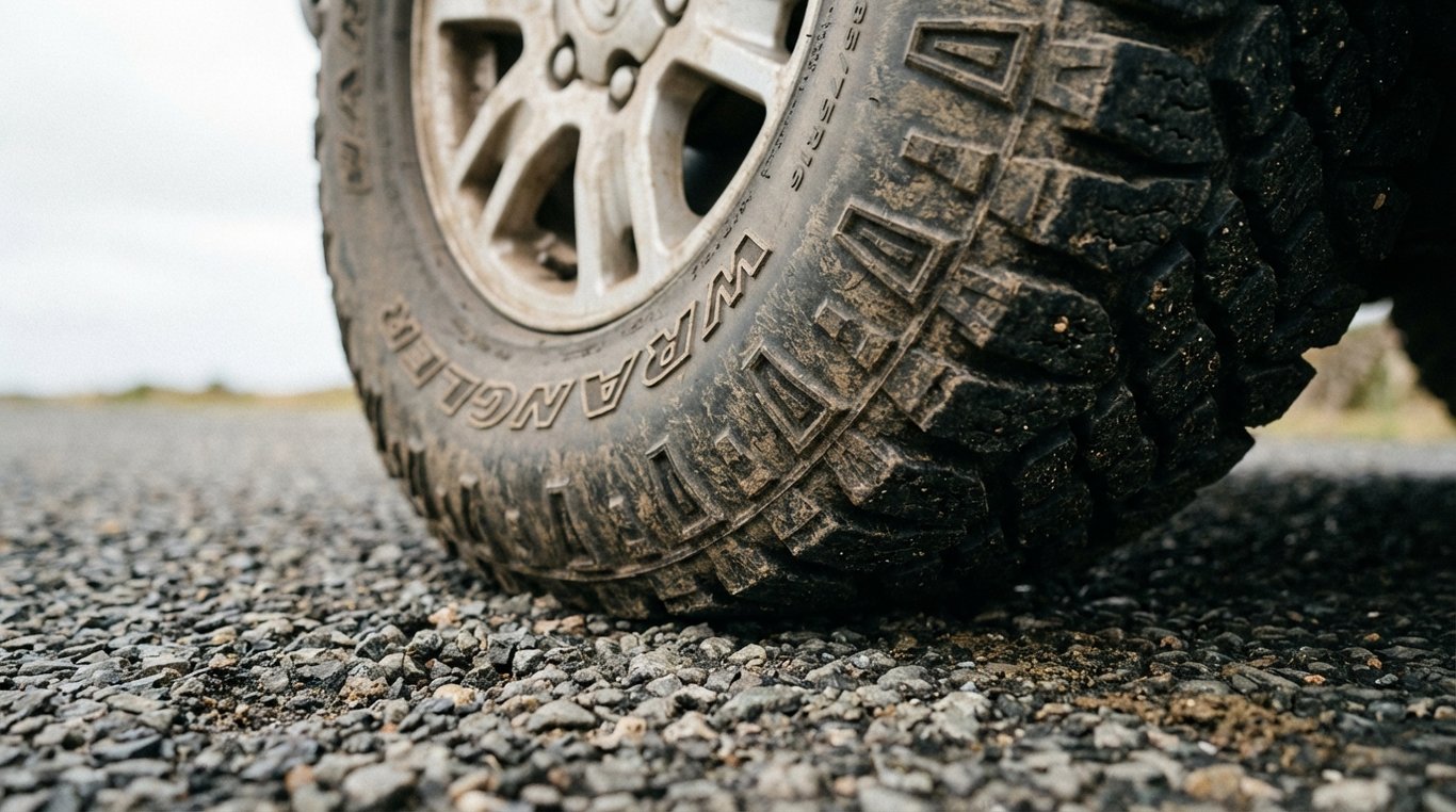 Tyre and wheel in contact with coarse chipseal road surface