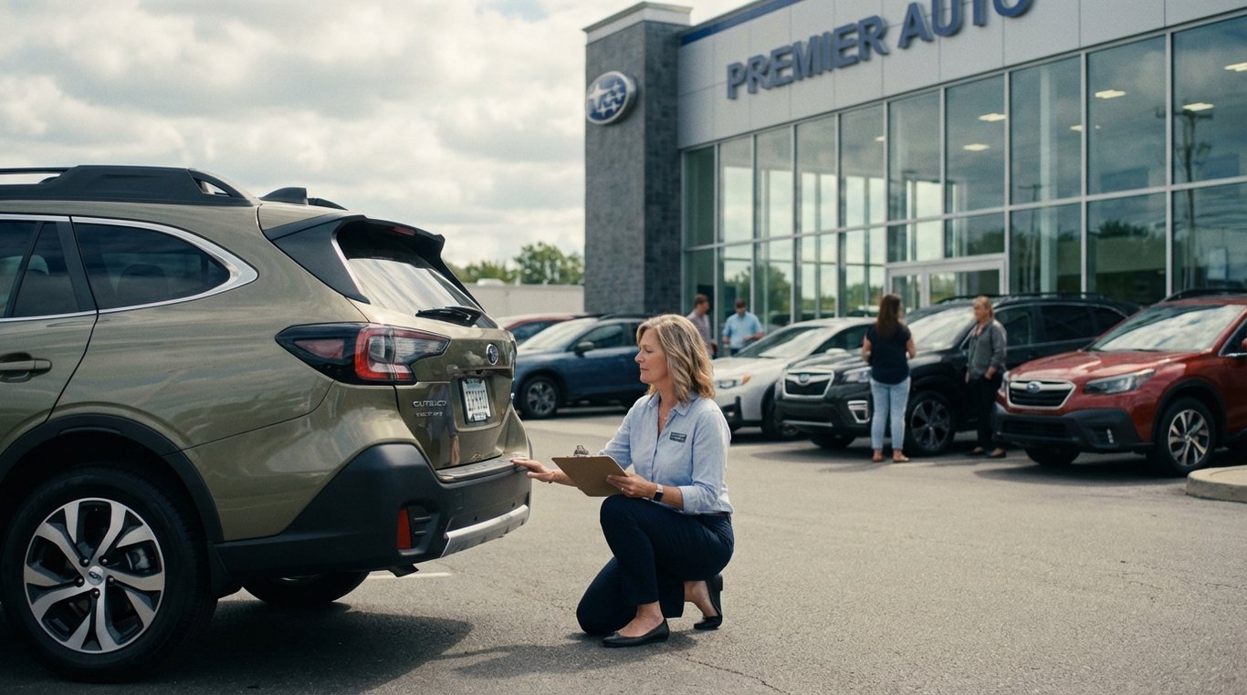 Dealer appraiser inspecting a car with paperwork in a dealership lot
