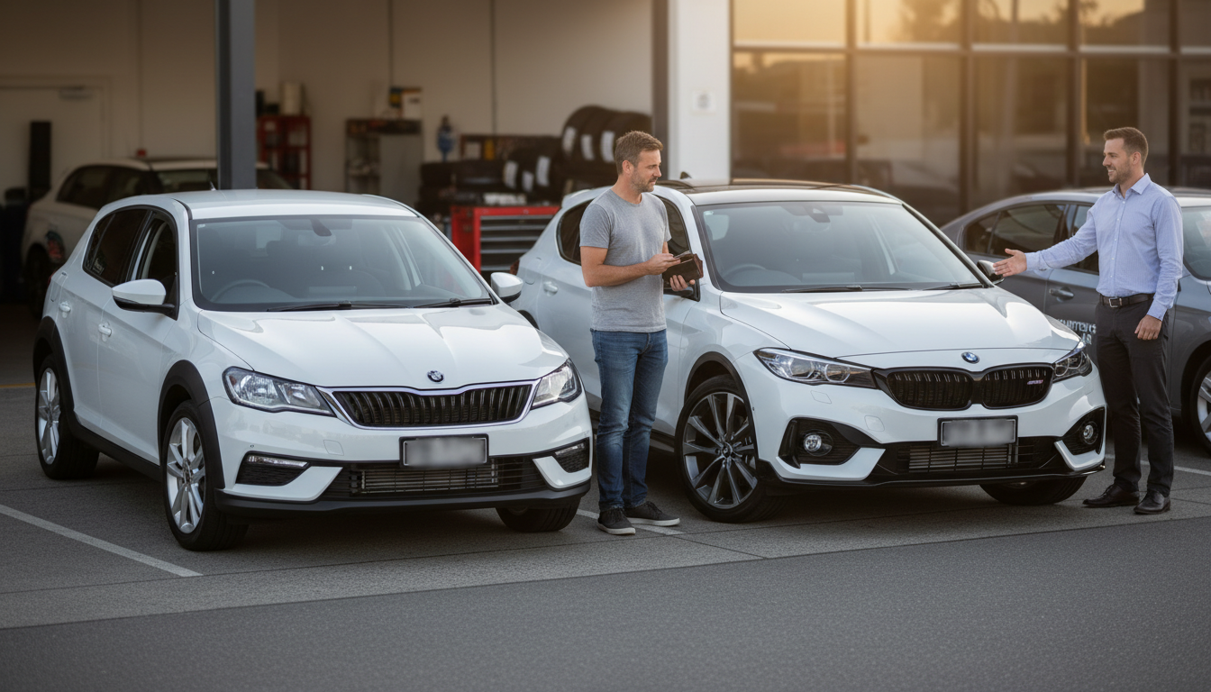 Buyer comparing two trims of the same car at a dealership forecourt, one sporty and one base, with service bay visible in background.