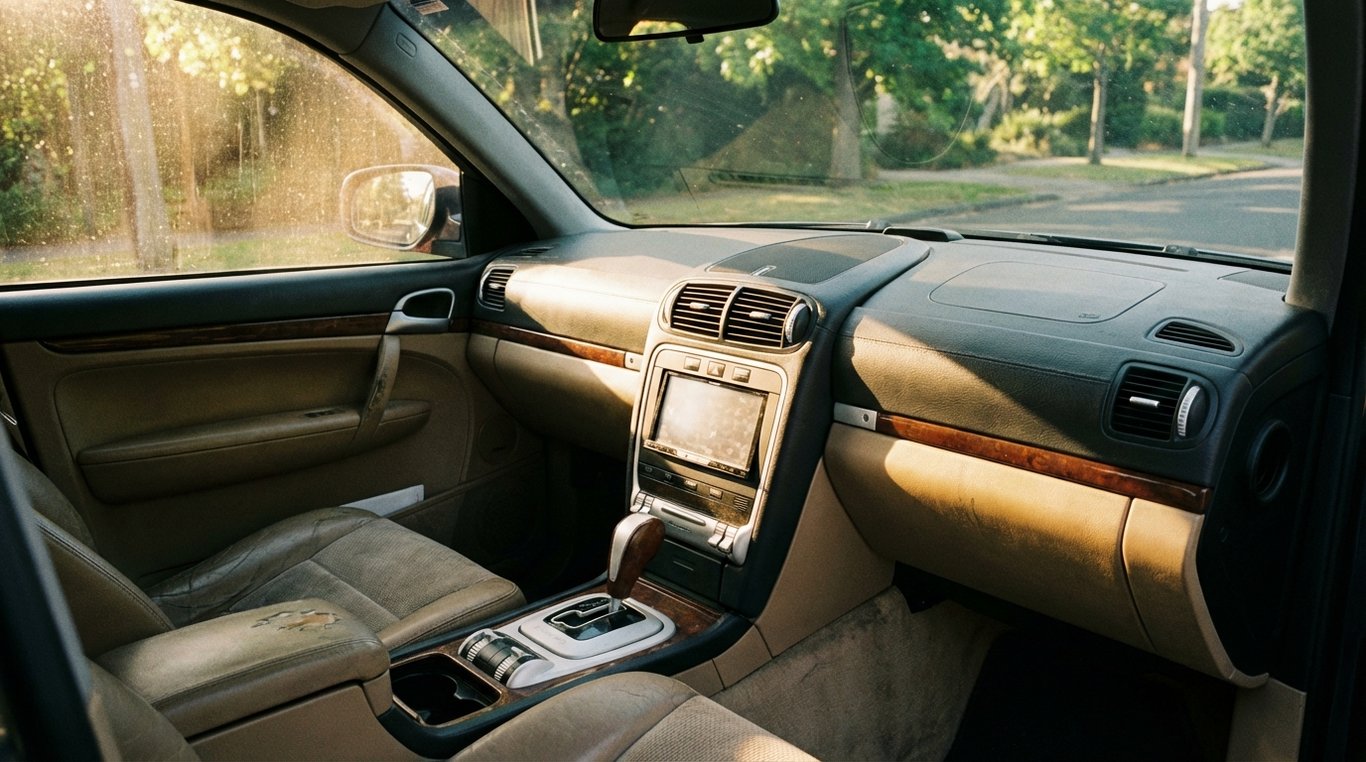 Interior view of a car cabin showing dashboard, vents and a central touchscreen with sunlight on the driver side