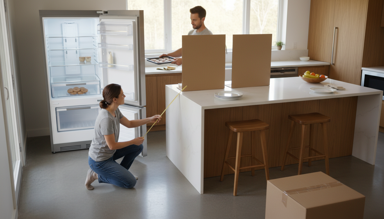 Homeowner measuring fridge door clearance with cardboard mock-ups in an open-plan kitchen showing a French-door fridge with shelves and bottom freezer.
