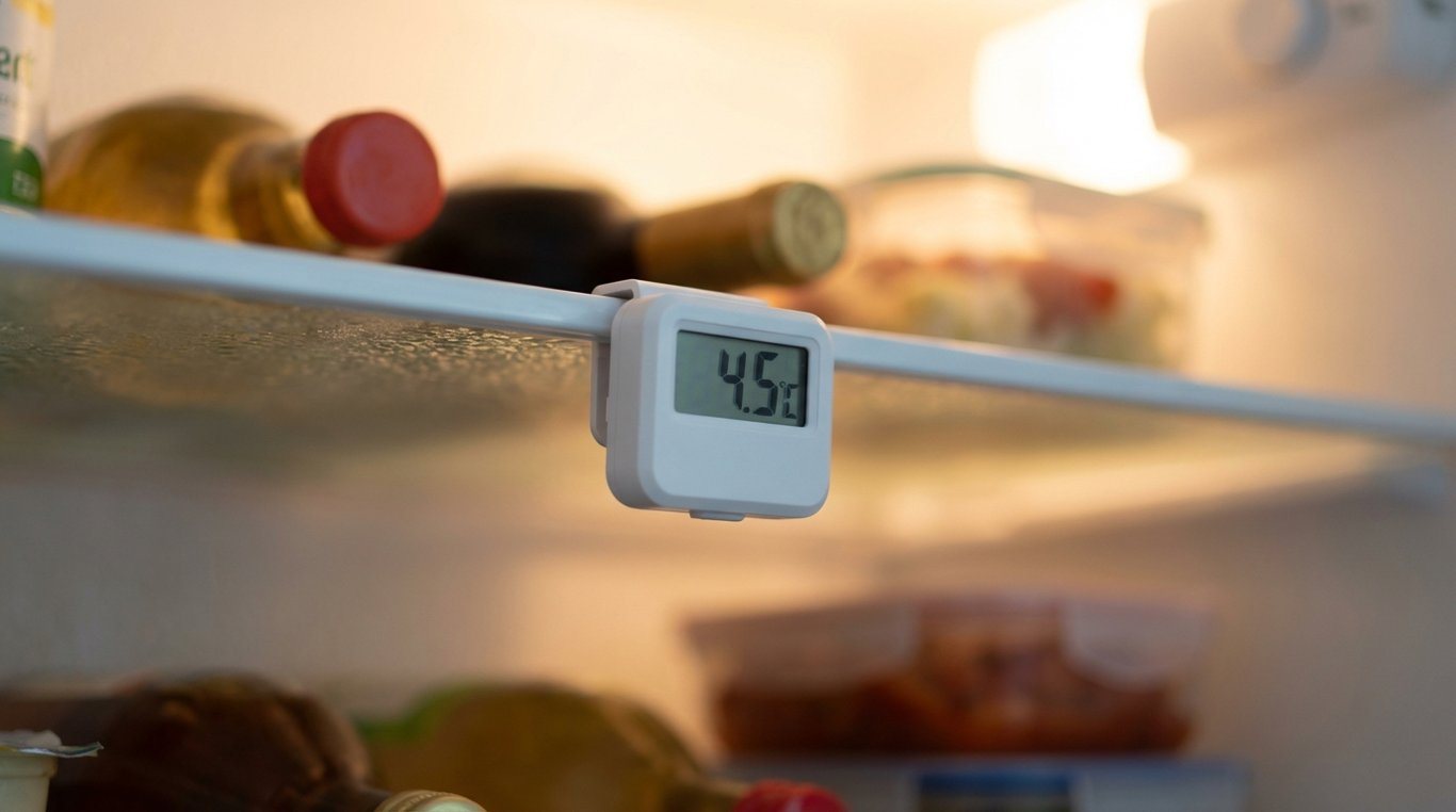 Wireless temperature sensor attached to a fridge shelf