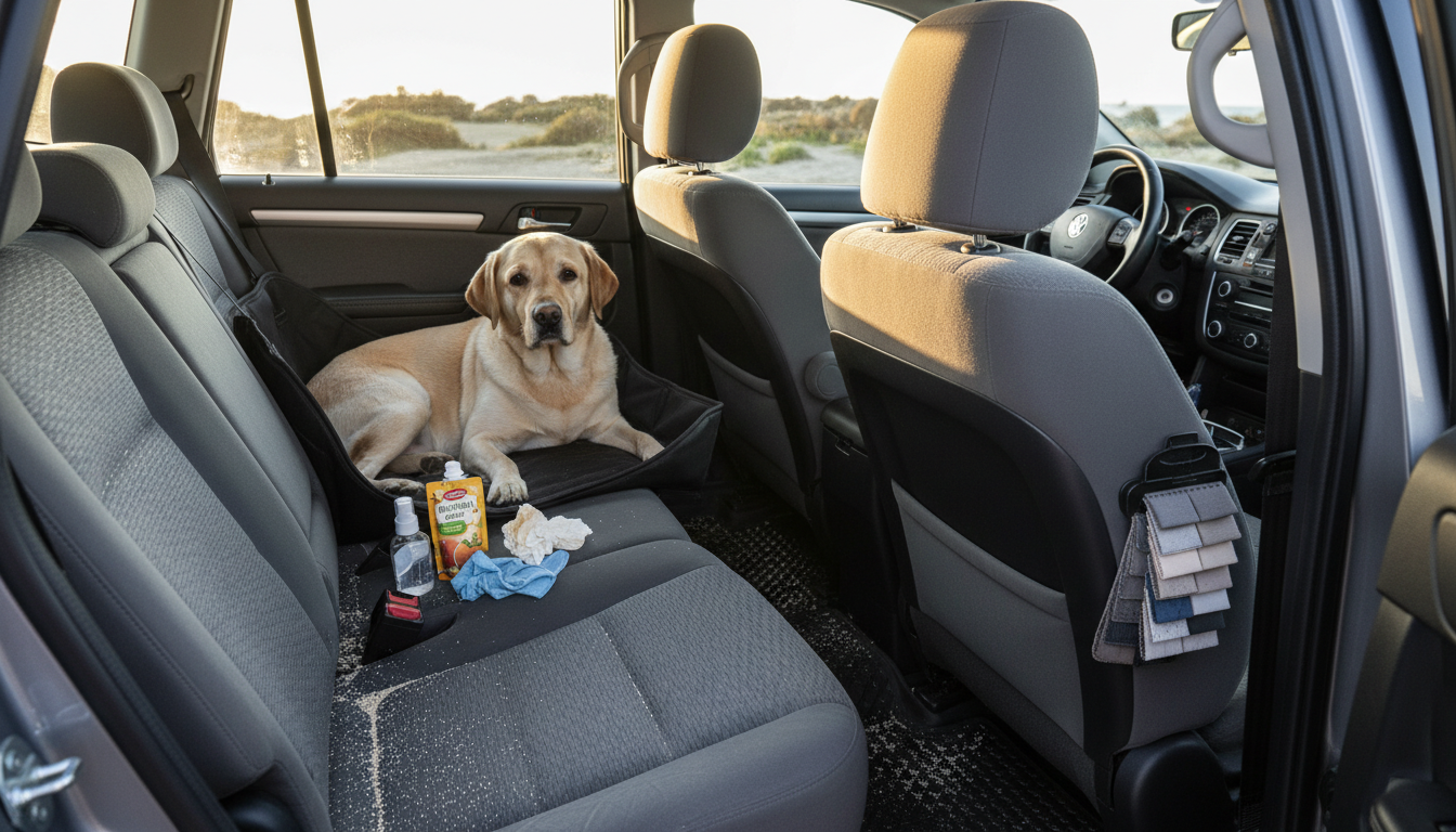 SUV interior with dark leather pet hammock, mid-grey cloth front seats, spilled juice, sand, sunlit cabin and cleaning supplies