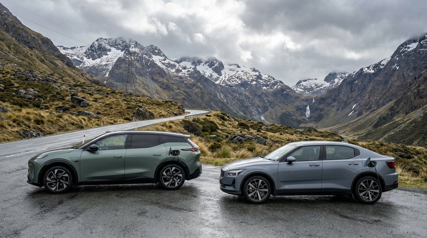 Two electric cars (Zeekr 7X and Polestar 2) parked on a mountain highway with cloudy sky and distant peaks