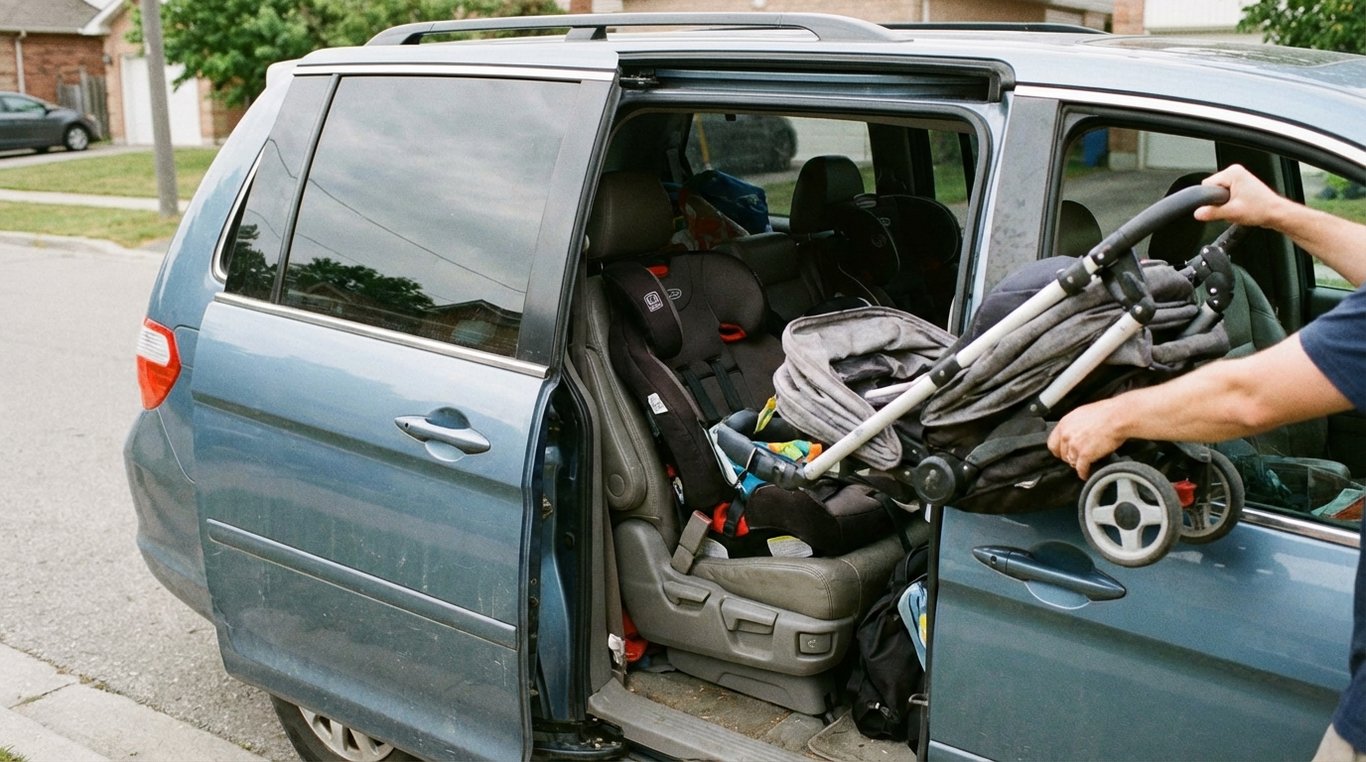 Minivan sliding door open showing boot space and a pram being loaded