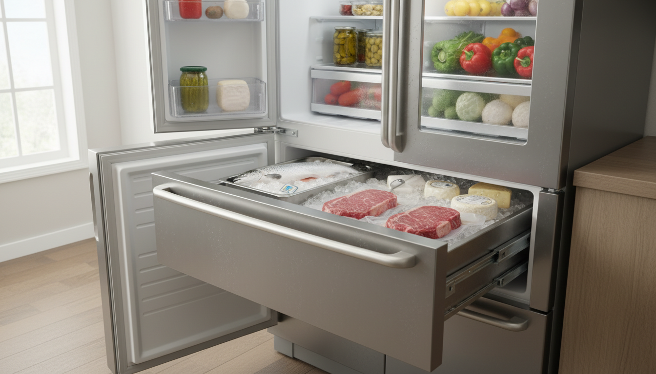 Open modern fridge with pulled-out meat/deli drawer holding fish on ice, wrapped meats and cheeses, and a small thermometer.