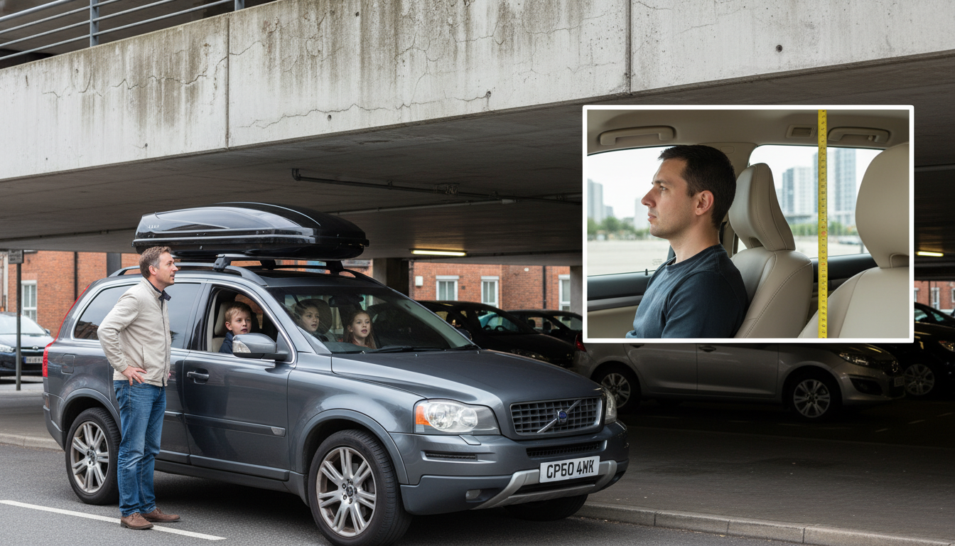 SUV with roof box barely fitting under a low carpark overhang; inset of a person measuring interior headroom with a tape measure.