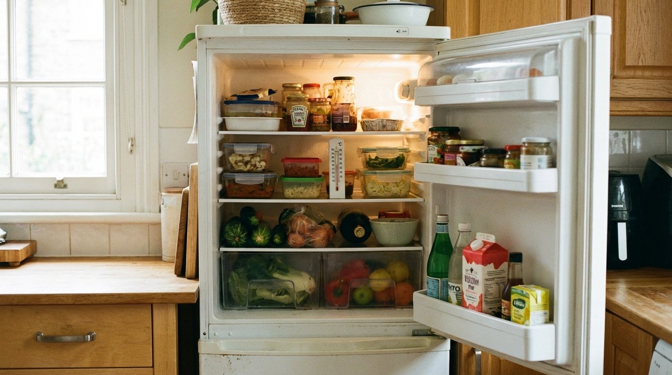 Open home fridge showing food on shelves and a thermometer on the middle shelf