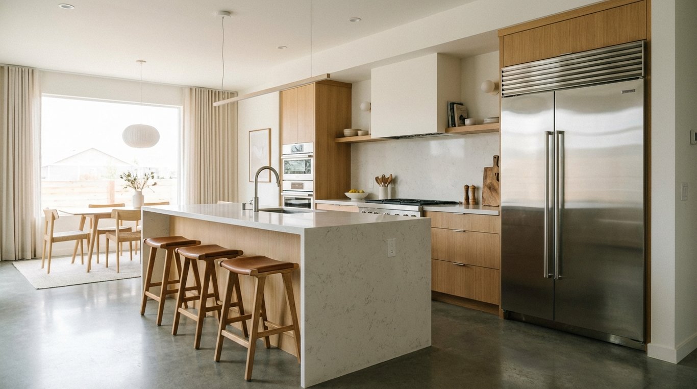 Open-plan kitchen with a French-door refrigerator open toward an island showing lower compartments