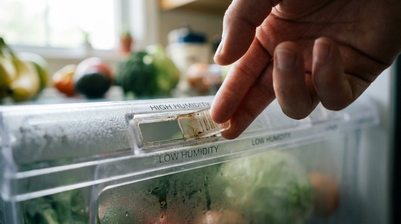 Hand adjusting a crisper vent slider on a refrigerator drawer