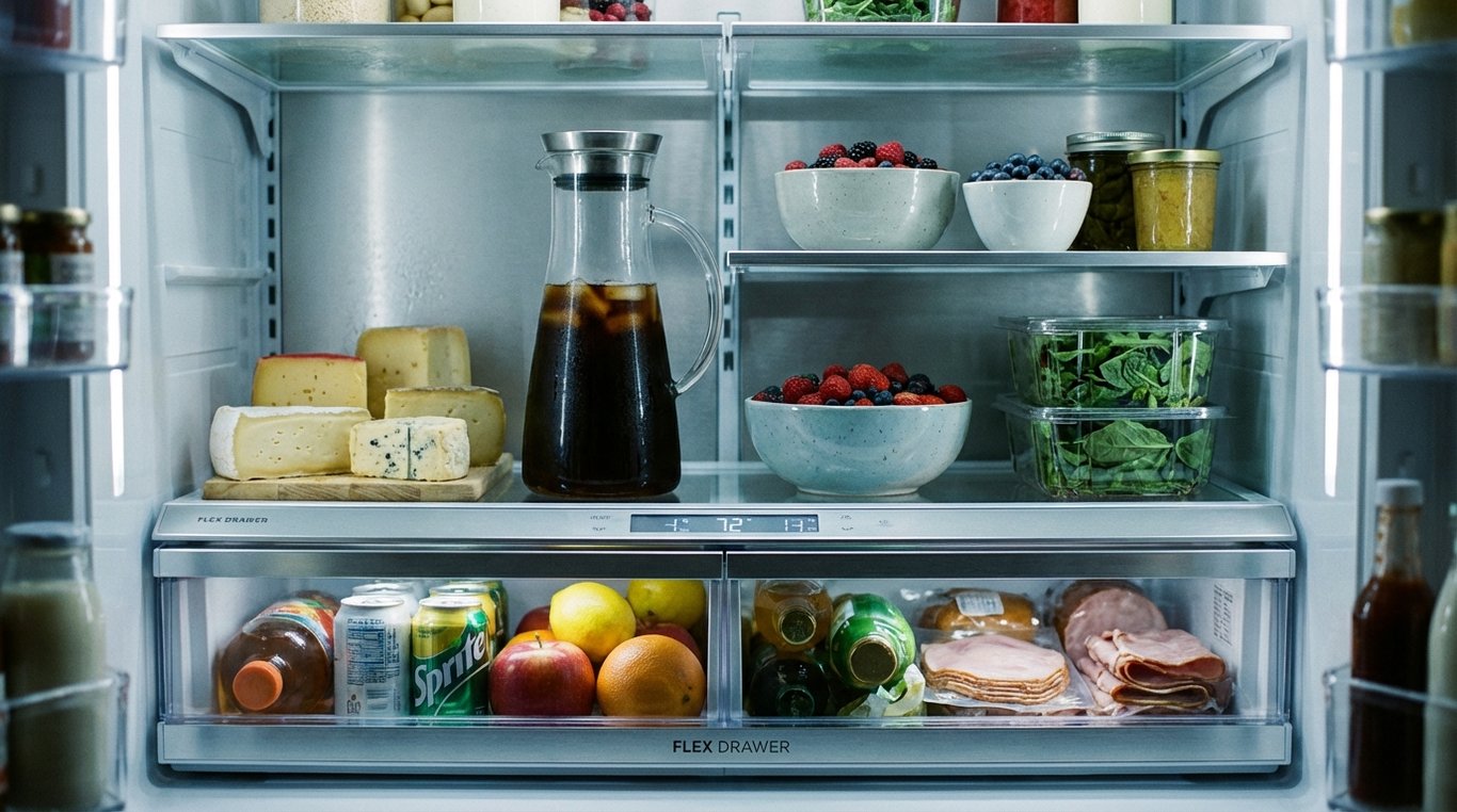 Crowded refrigerator interior with narrow shelves and full lower drawers