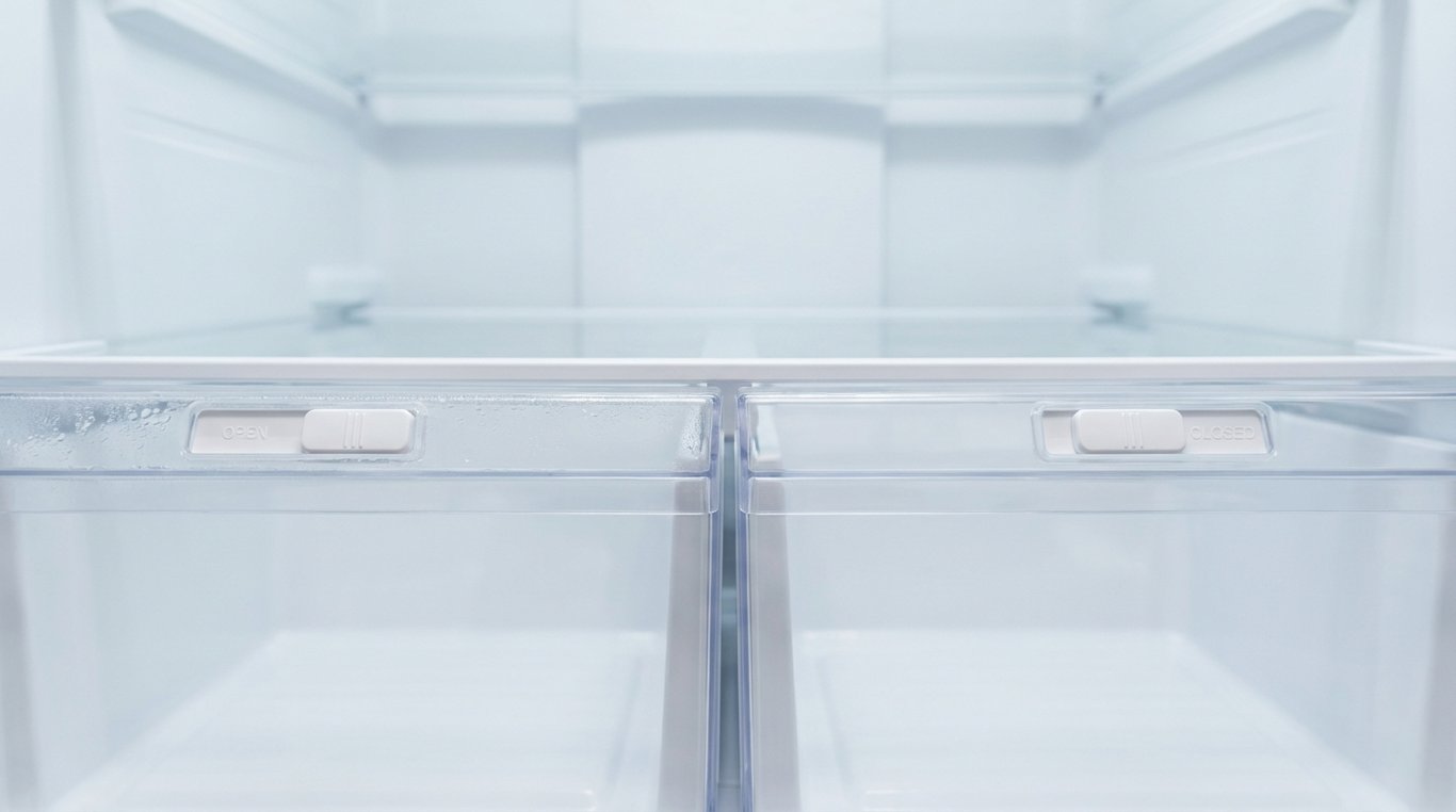 Open and closed crisper drawers inside a refrigerator with visible produce