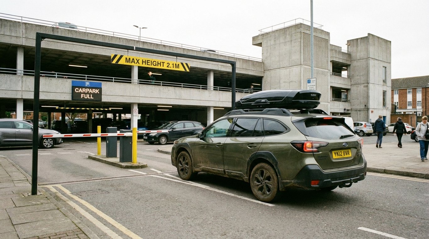 SUV with a roof box approaching a carpark barrier showing posted height