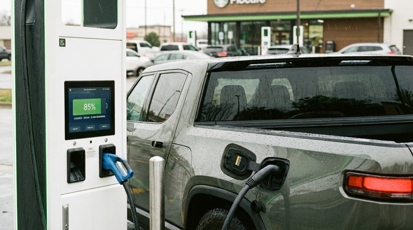 Electric vehicle charging at a high‑power roadside charger with charger screen visible