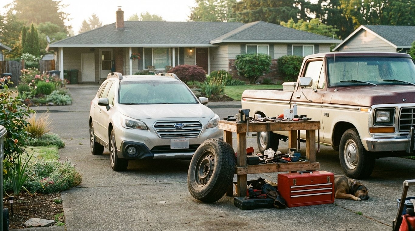 Two cars parked in a driveway with a tyre and toolbox on a workbench