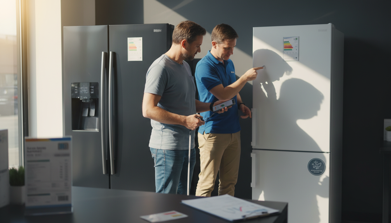 Shopper compares two fridges in a bright appliance store, measuring space and checking energy information on a phone while a sales assistant points at the label.