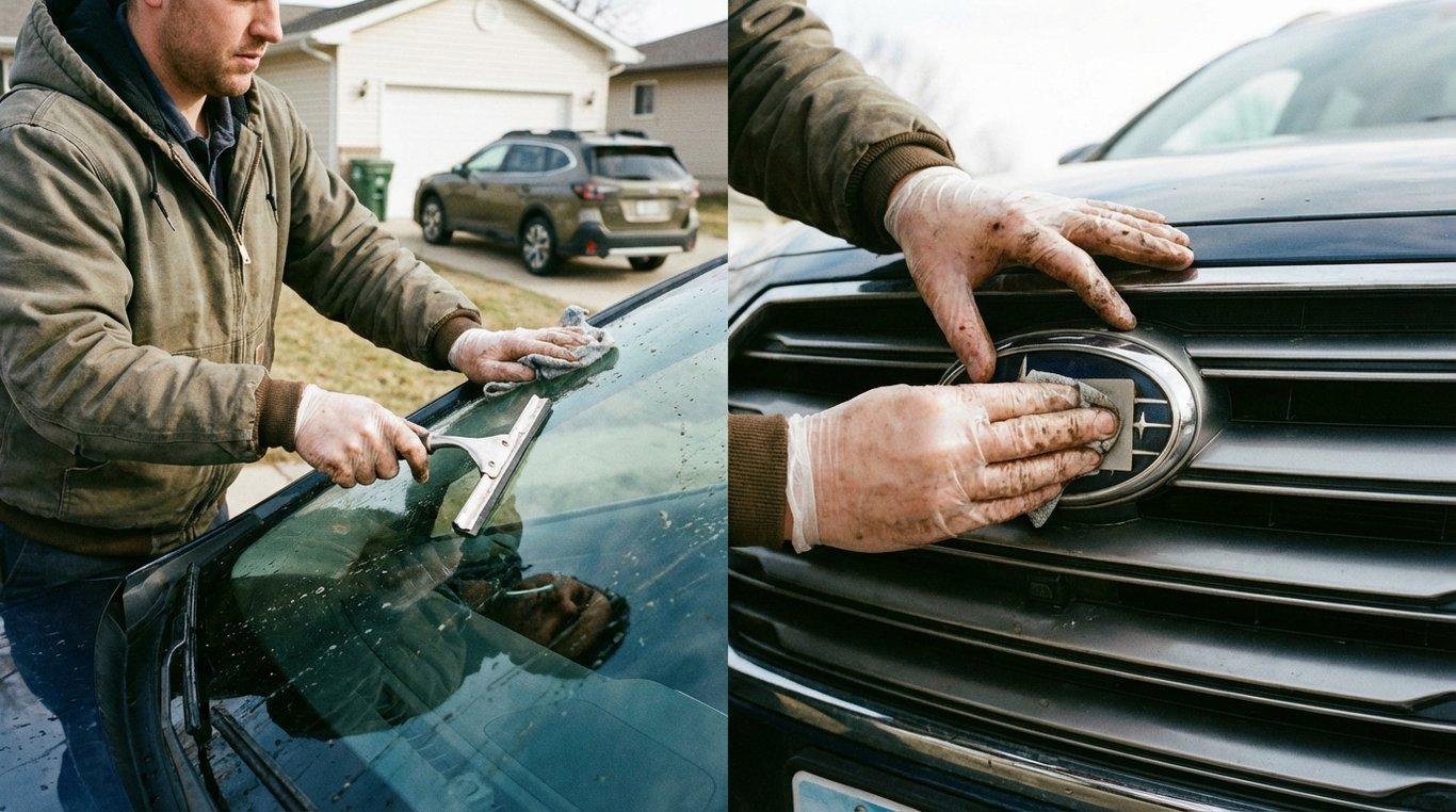 Person wiping a car windscreen and front sensor area