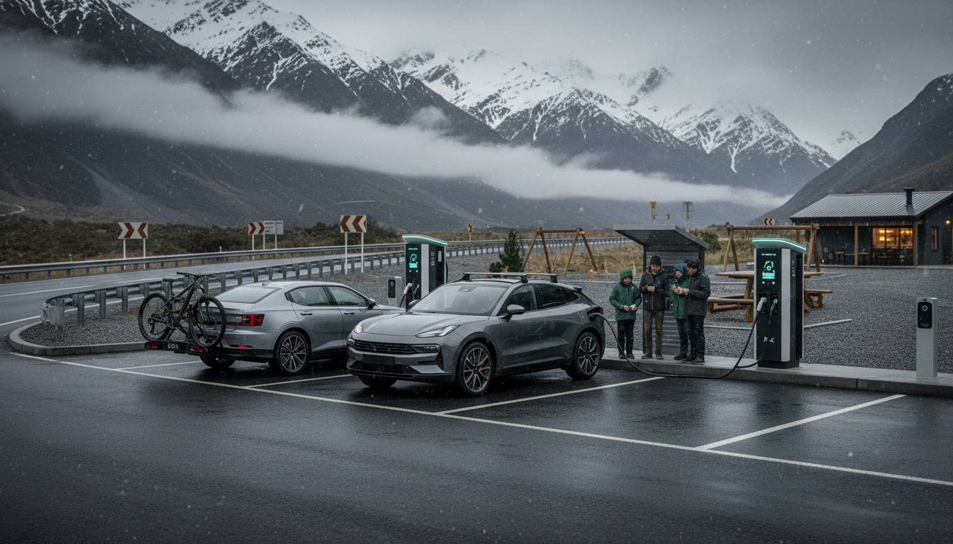 Zeekr 7X and Polestar 2 charging at a high‑power EV hub beside a snowy New Zealand alpine pass, people preparing for a trip.