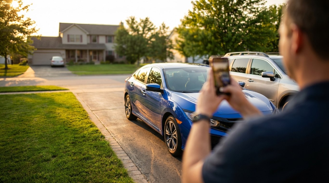 Two cars parked in a suburban driveway, one being photographed with a smartphone