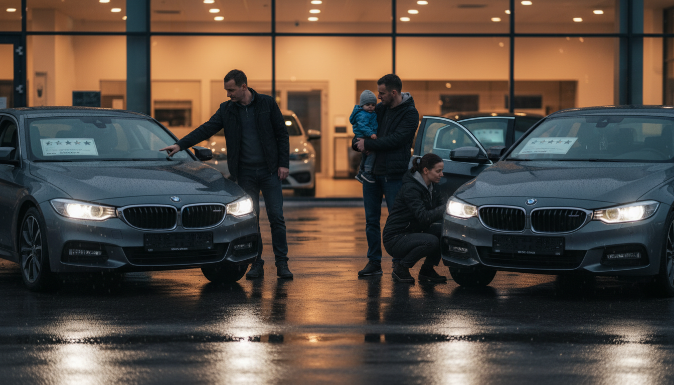 Family at dusk comparing two cars at a dealership; dealer points to headlights, star stickers on windshields, and a child seat is visible in the rear.