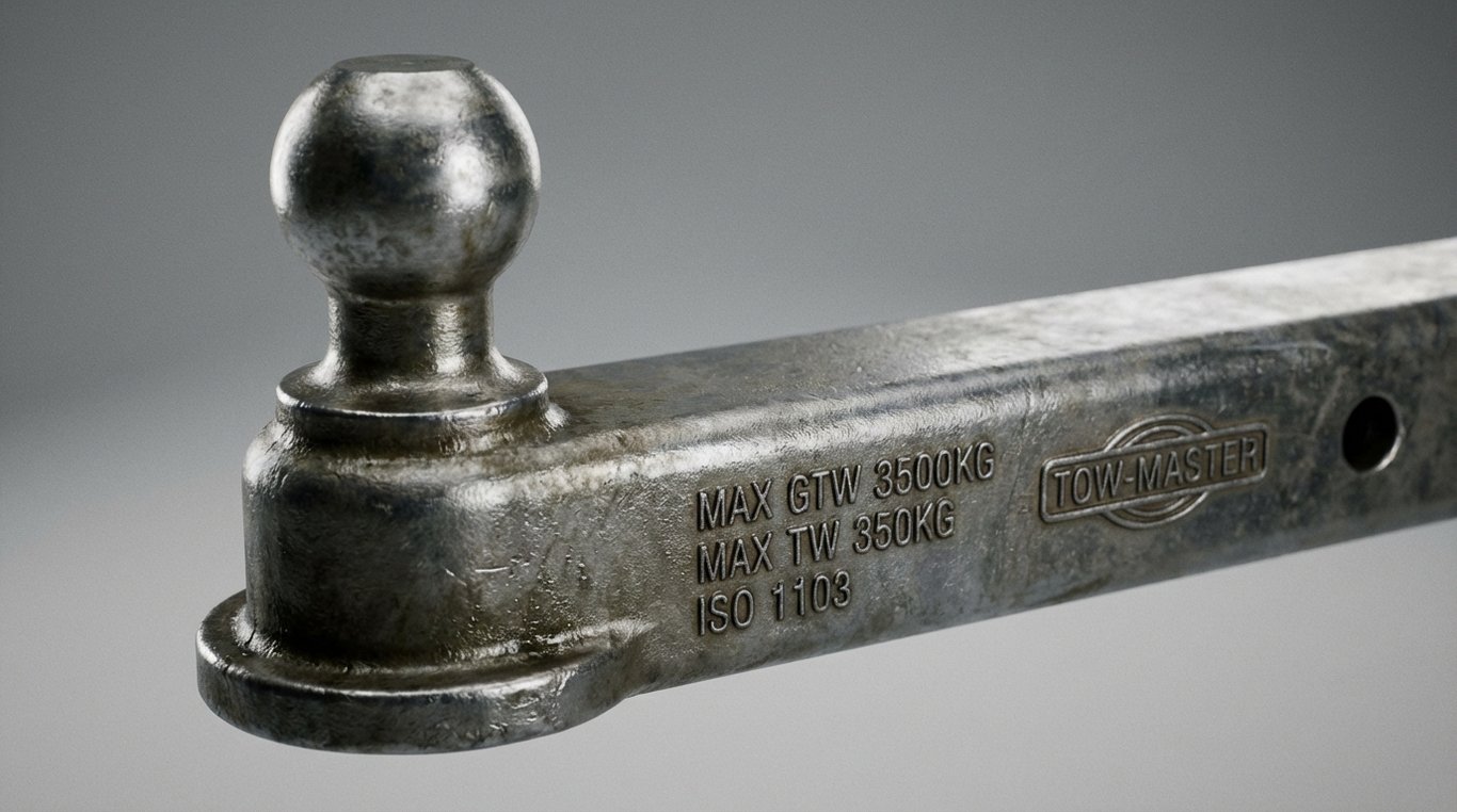 Close-up of a towball and stamped rating visible on the towbar