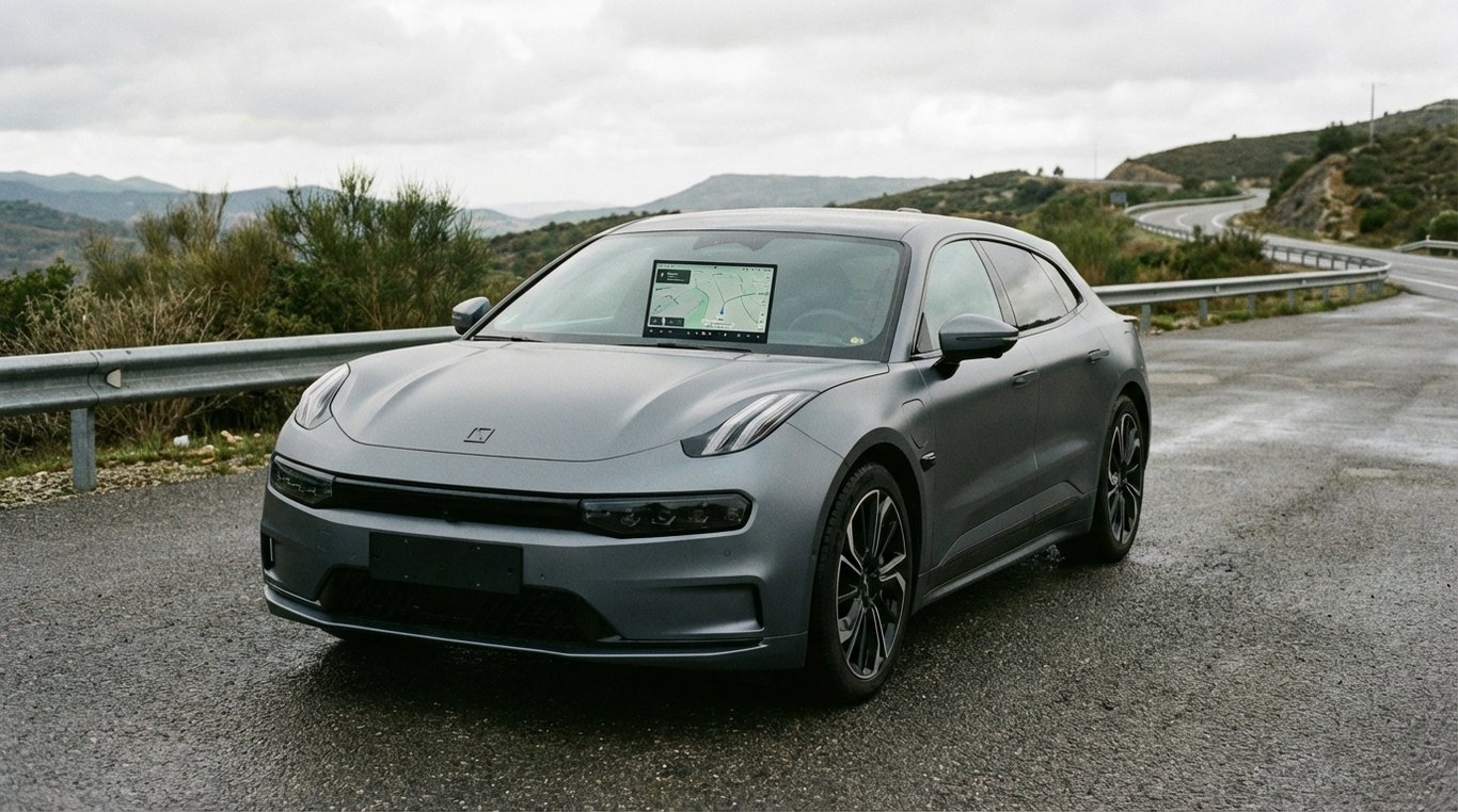 Zeekr EV parked at a highway layby with touchscreen visible through the windshield