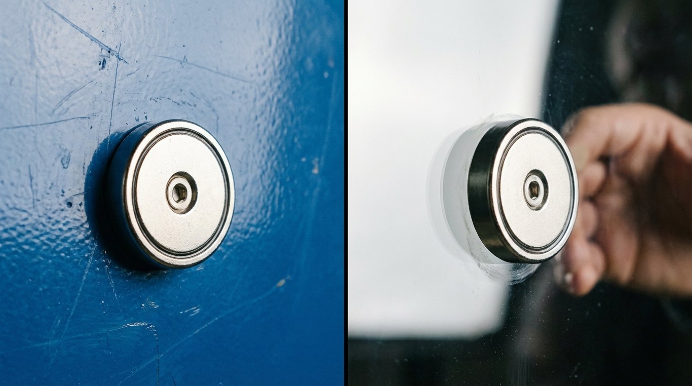 Fingerprints and smudges on a glossy black fridge door