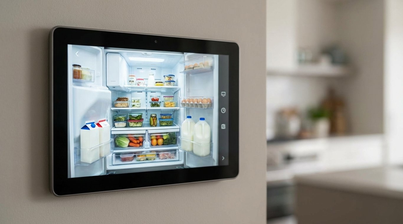 Fridge touchscreen showing an internal camera view of shelves