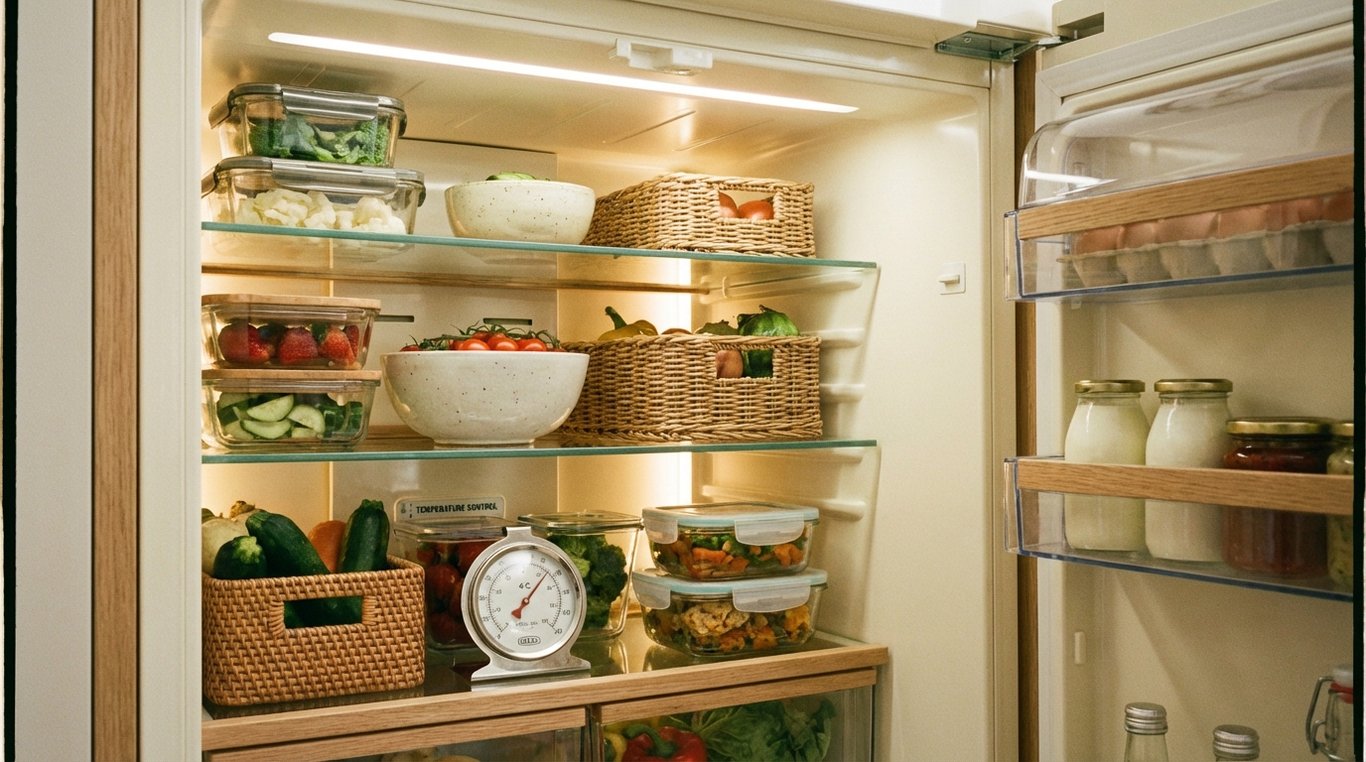 Interior of a fridge showing organized shelves and a temperature control