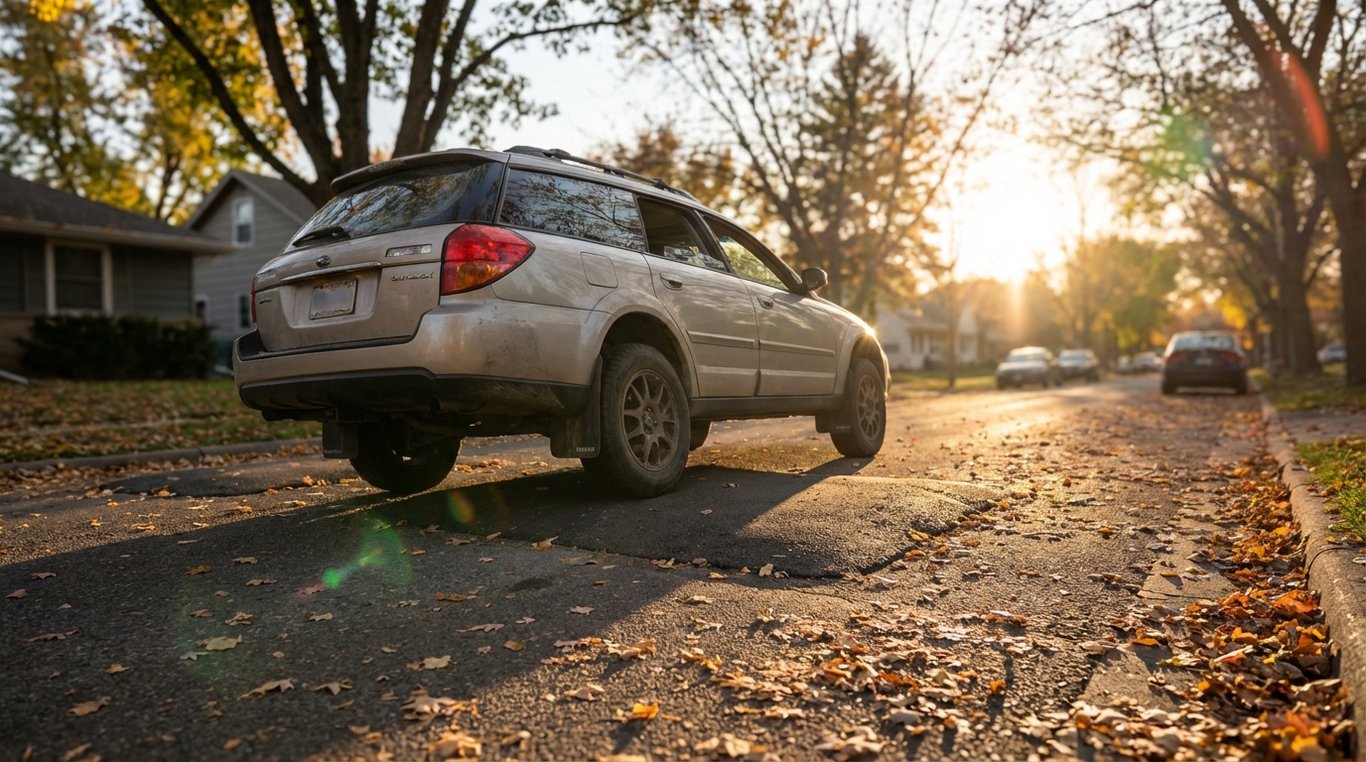 Car crossing a speed hump showing the underside and wheel clearance