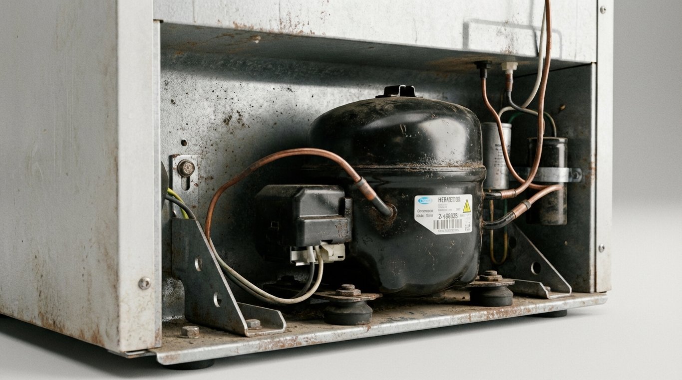 Rear view showing a fridge compressor and mounting brackets