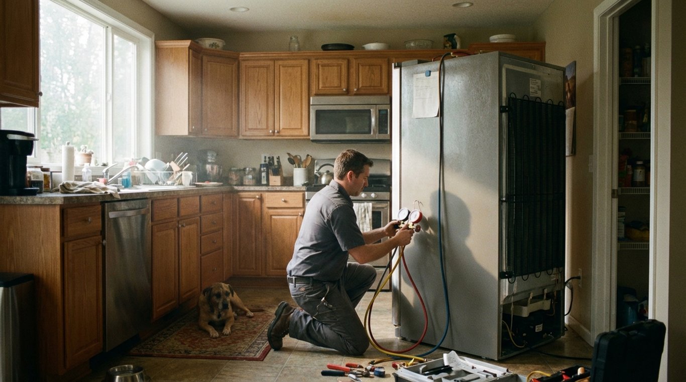 Technician standing beside a domestic fridge with service gauges attached