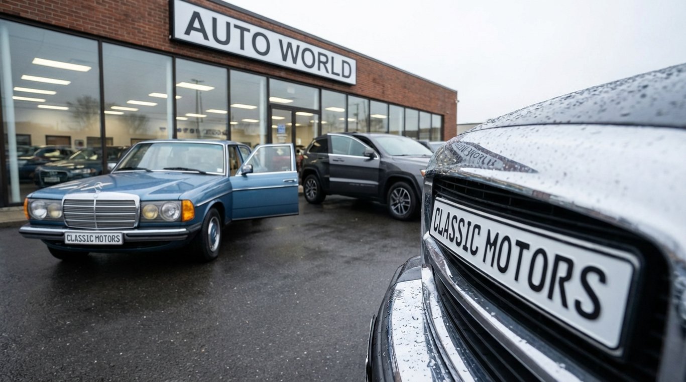 Two cars parked outside a dealership with visible brand badges