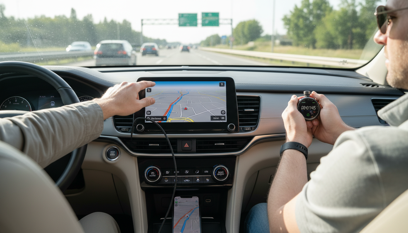 Driver using touchscreen and knobs in SUV interior with phone plugged in and passenger timing on a smartwatch.