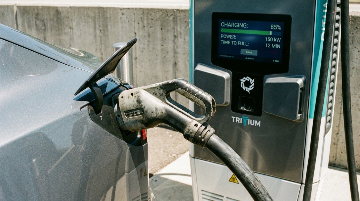 EV plugged into a CCS2 DC fast charger with charger display visible