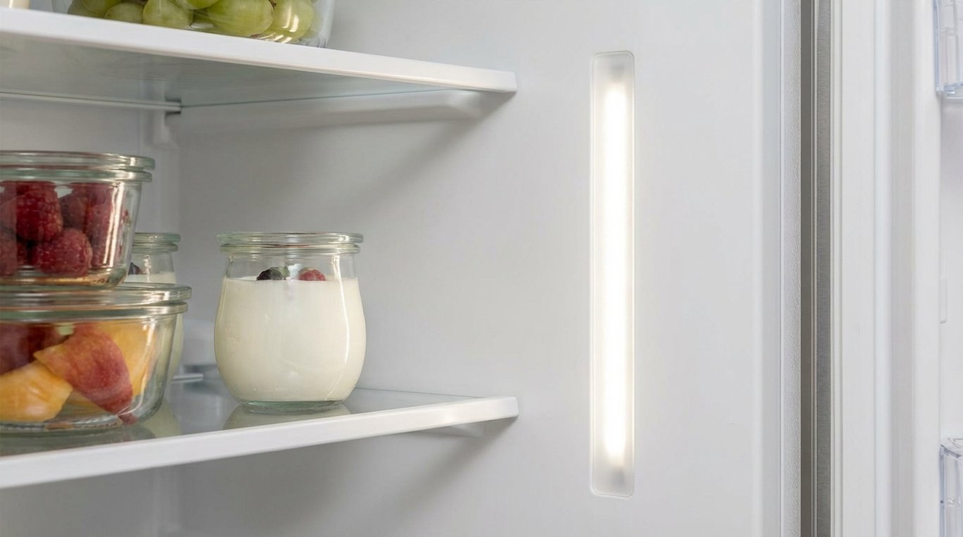 Frosted LED strip mounted vertically inside a fridge providing even illumination