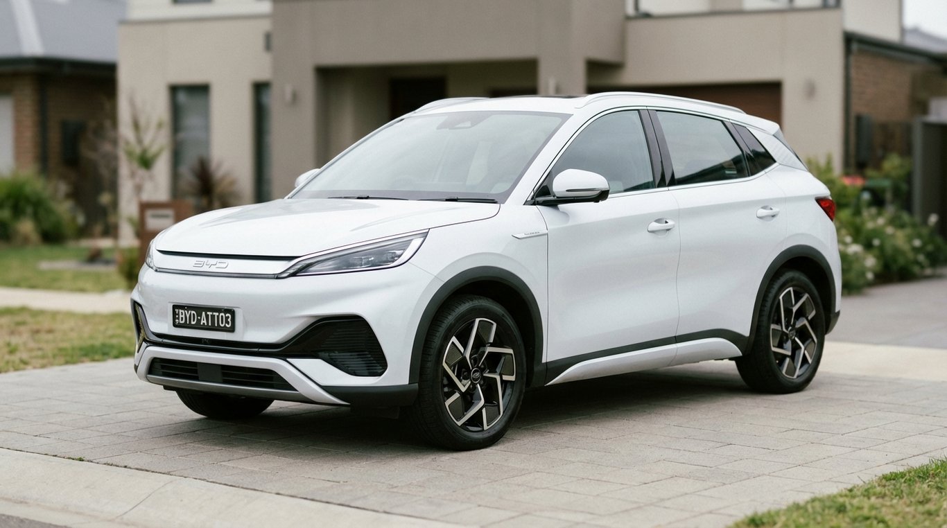 BYD Atto 3 and Hyundai Kona parked side-by-side in a suburban driveway