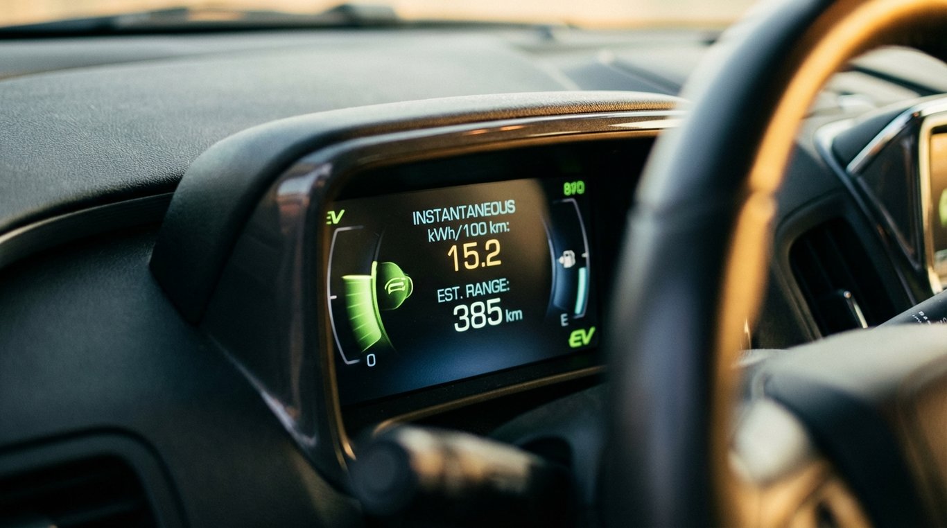 EV dashboard screen showing kWh/100 km and range estimate