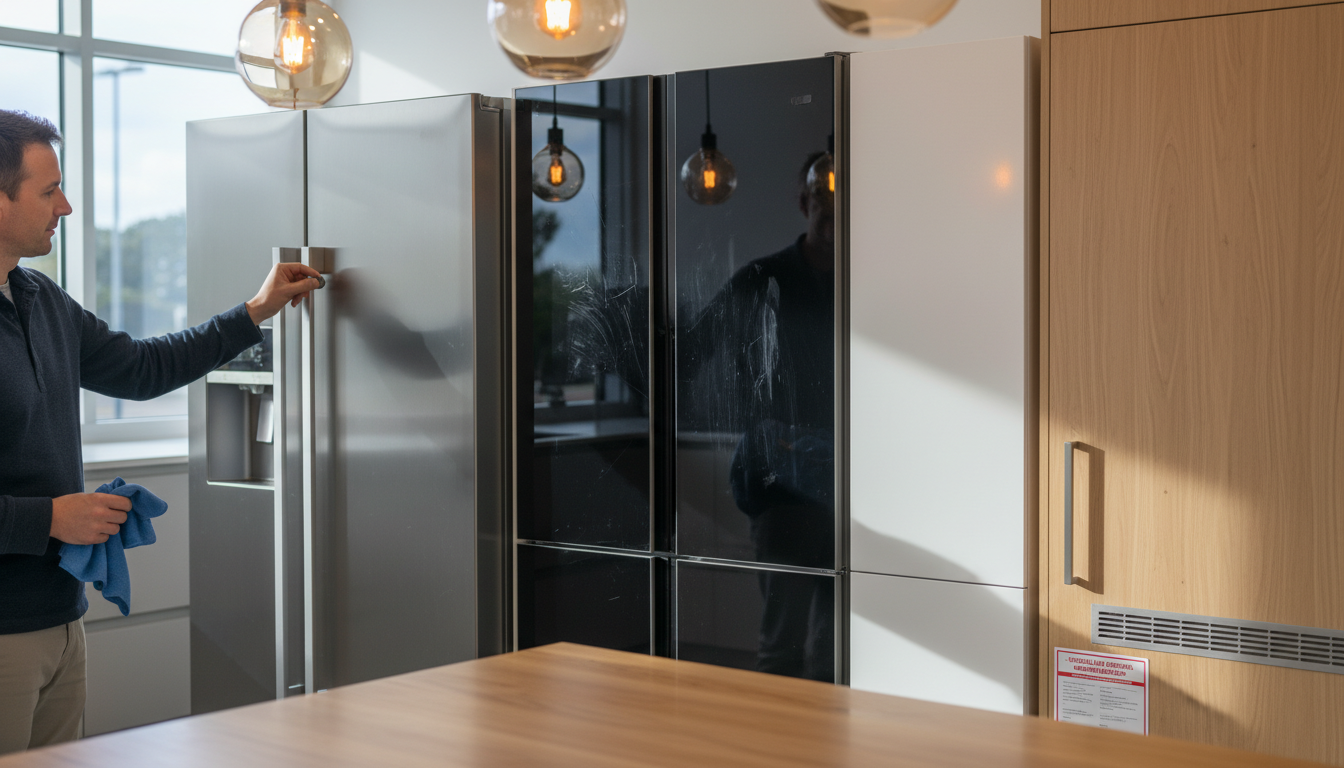 Person testing magnet and cloth on different fridge finishes (black glass, black stainless, stainless, white, integrated panel) in a modern kitchen showroom.
