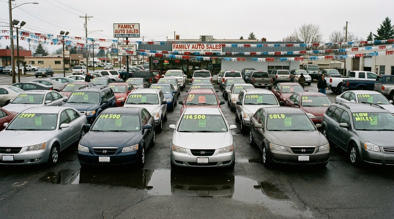 Rows of used cars with visible price stickers at a dealership forecourt
