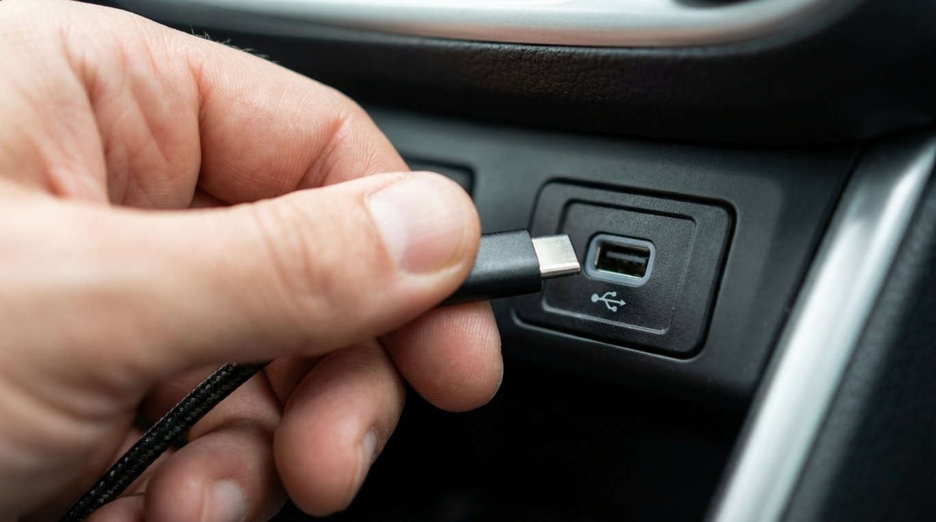 Hand plugging a USB cable into a car USB port