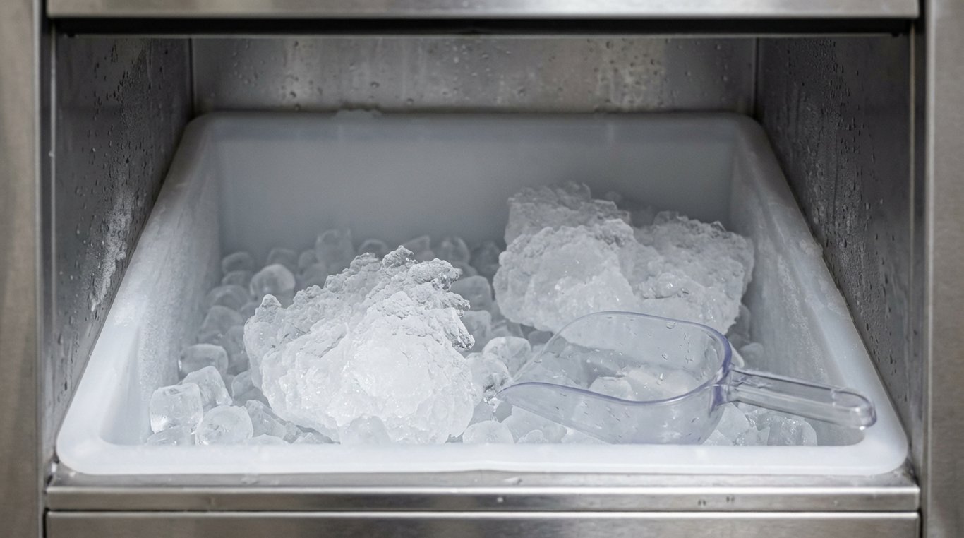 Open fridge door showing an in-door ice bin with some clumped ice