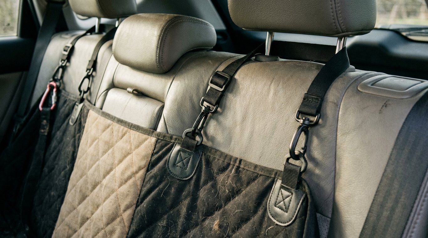 Rear bench with fitted pet hammock covering seats and seatback