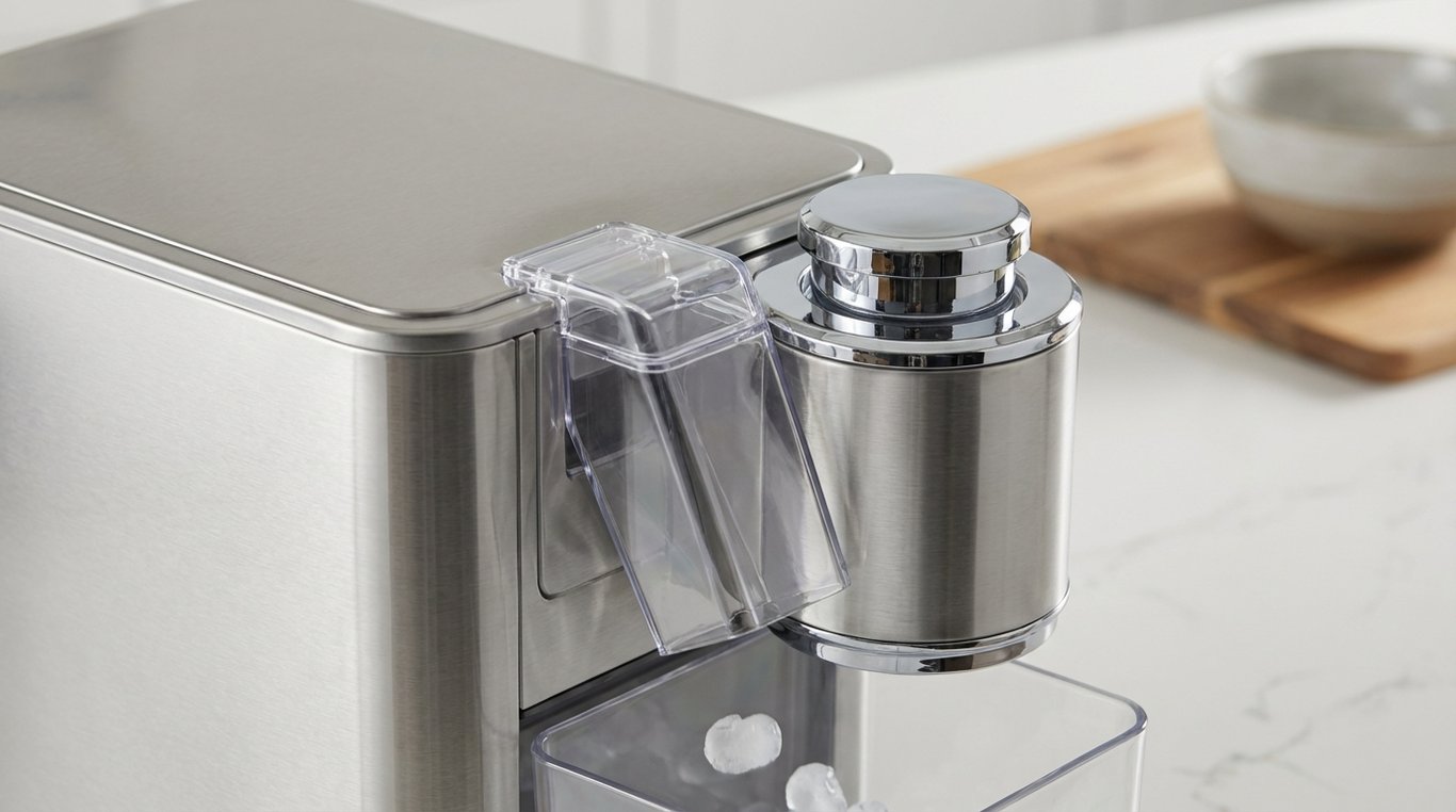 Countertop nugget ice machine on a benchtop showing the ice chute and top reservoir