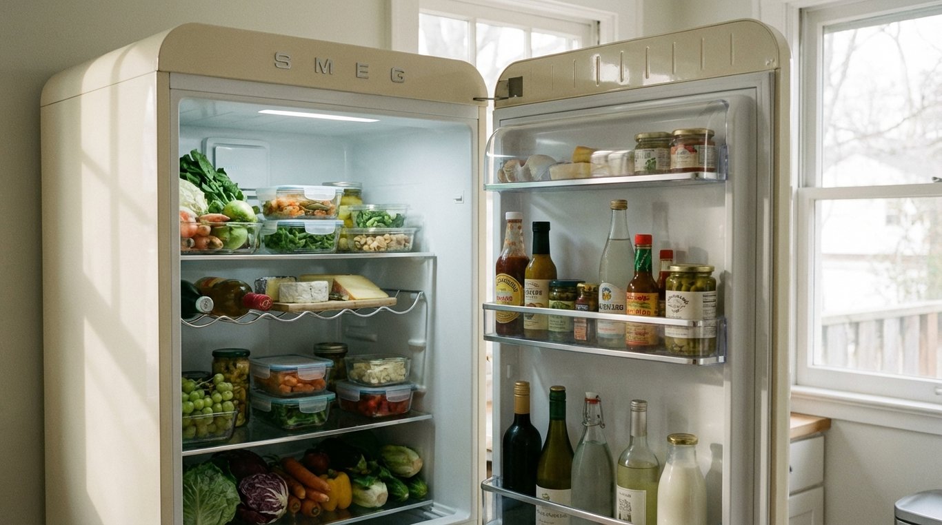 Open fridge interior showing shelves, jars and a bottle with some areas in shadow