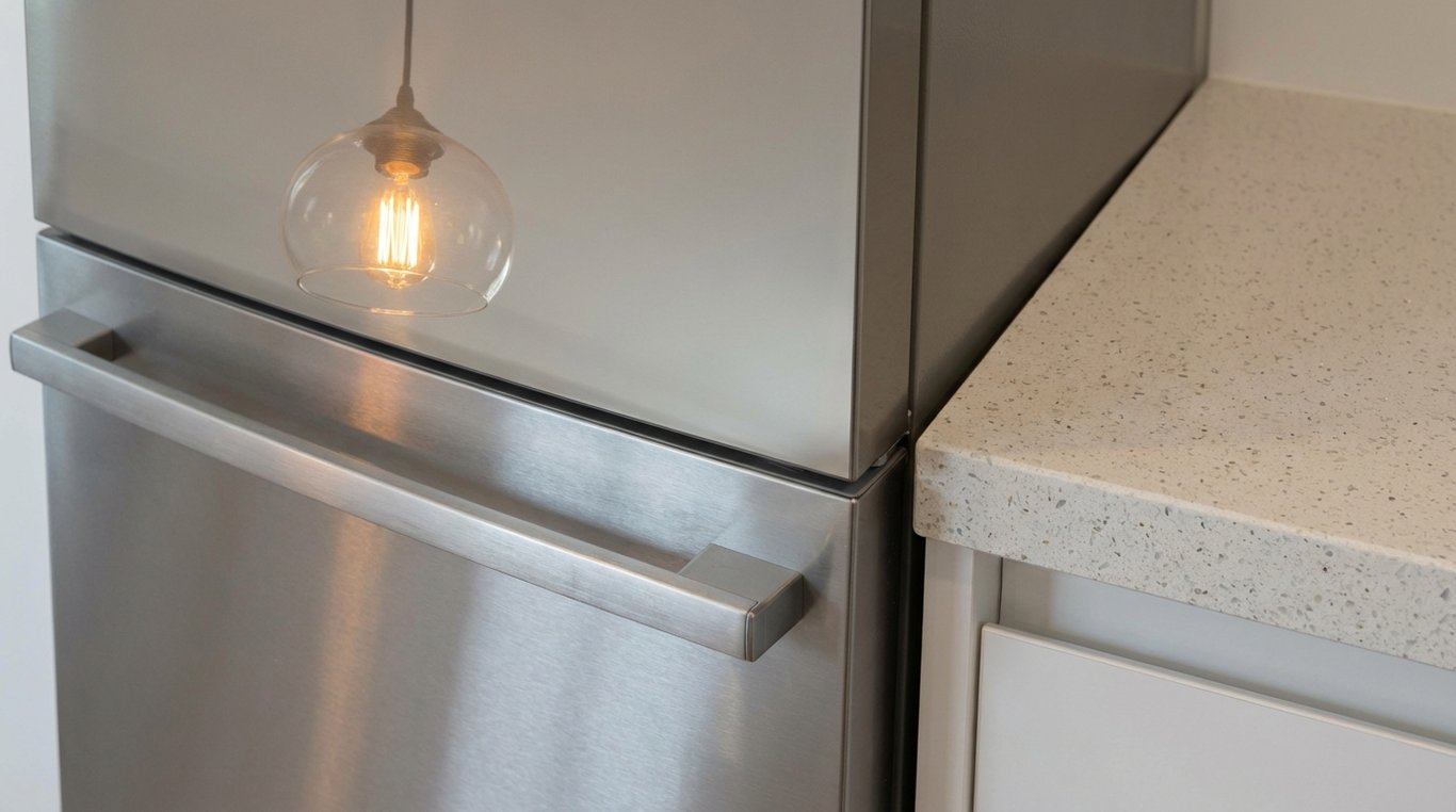 Counter-depth fridge sitting flush with benchtop, handle and nearby pendant visible