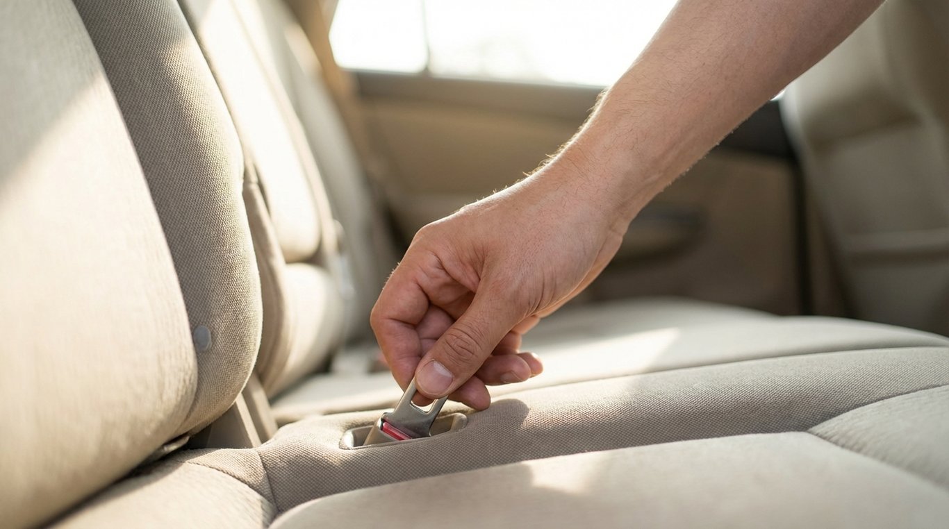 Hand fitting a child seat to ISOFIX anchors in a car's second row