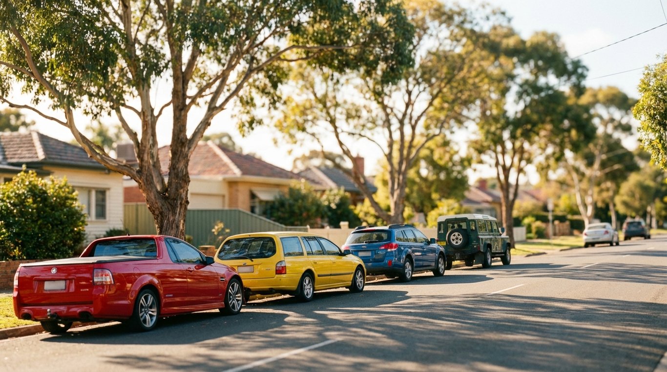 A row of cars in different exterior colours parked on a sunny suburban street