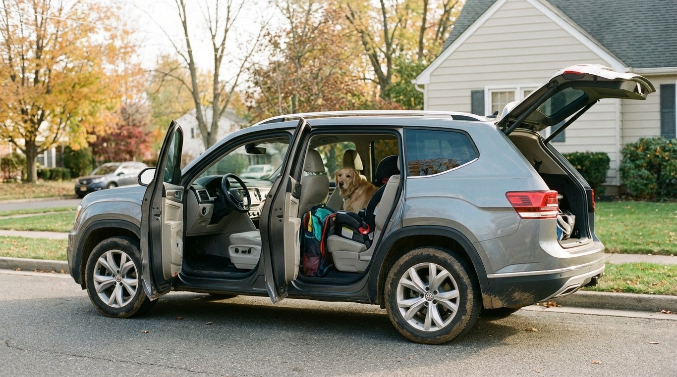 Three-row family SUV parked with side and rear visible, doors closed