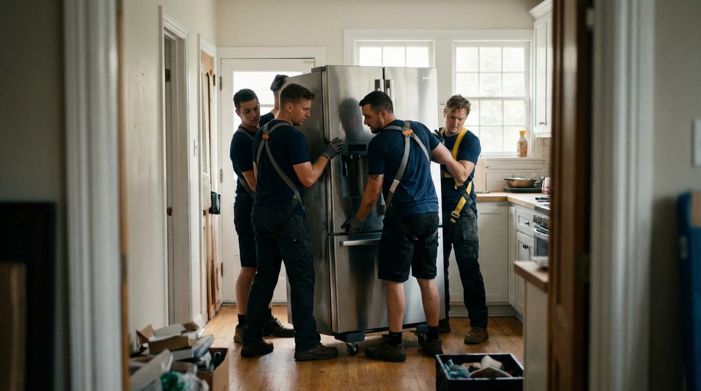 Delivery trolley carrying a French-door refrigerator down a narrow hallway